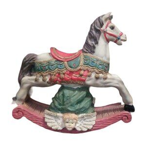 Ceramic Christmas Rocking Horse Figurine Dual Sided 7.5" x 8.5" Holiday Carousel